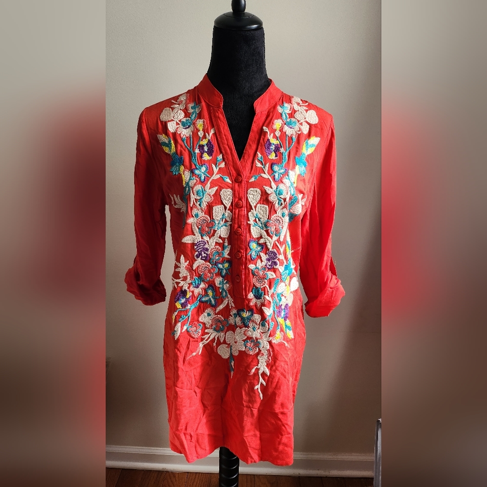 Solitaire Red Orange Embroidered Tunic